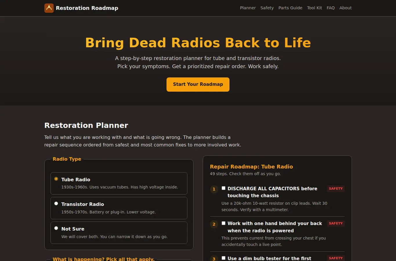 Screenshot of Vintage Radio Restoration Roadmap interface showing the project page in use